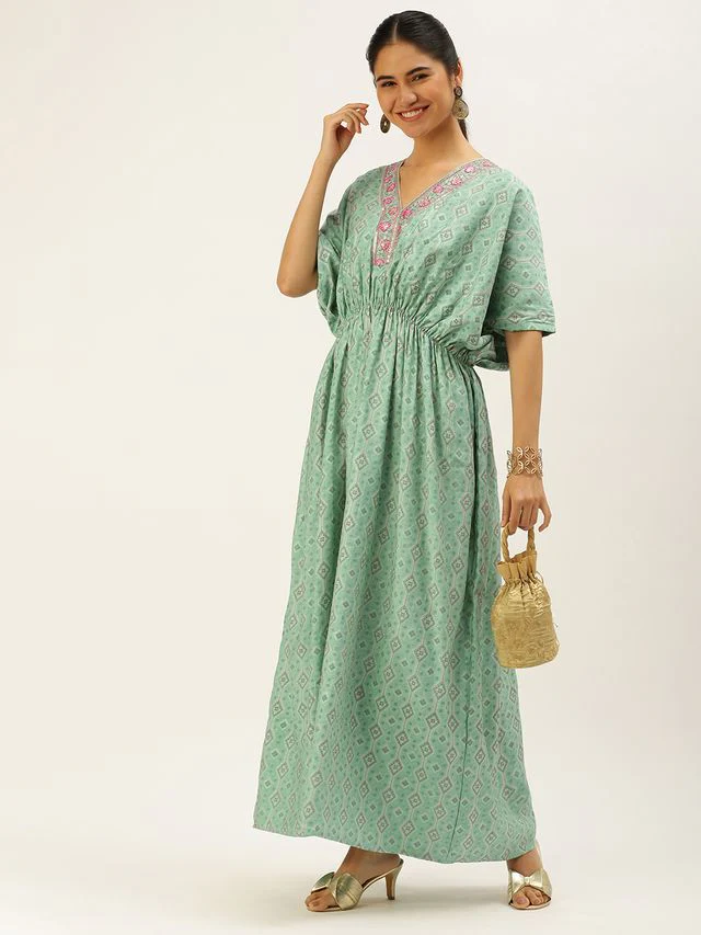 Bollywood Vogue Ready To Wear Blue Modal Satin Print Kaftan Gown - Image 3