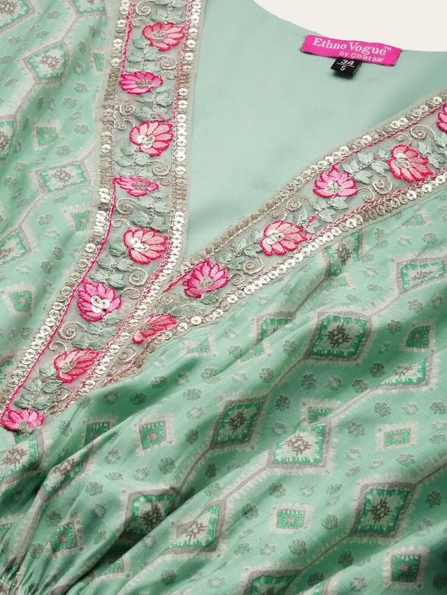 Bollywood Vogue Ready To Wear Blue Modal Satin Print Kaftan Gown - Image 5