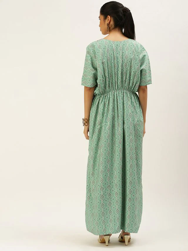 Bollywood Vogue Ready To Wear Blue Modal Satin Print Kaftan Gown - Image 6