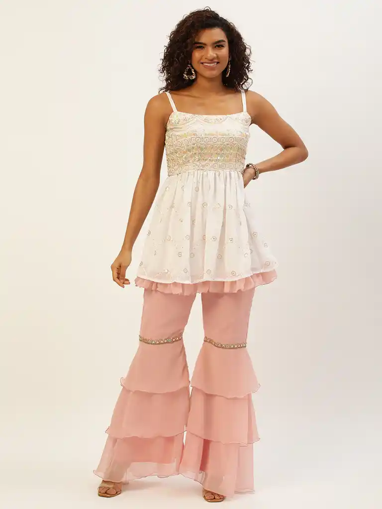 Bollywood Vogue Ready To Wear White N Pink Peplum Top Gharara Set