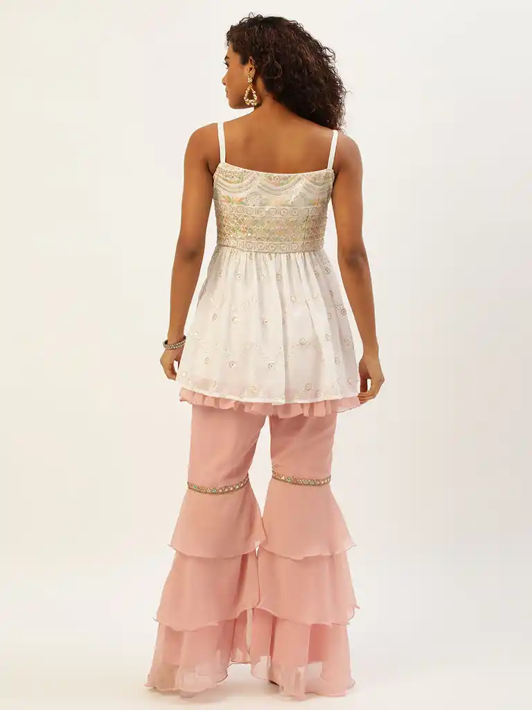 Bollywood Vogue Ready To Wear White N Pink Peplum Top Gharara Set - Image 7