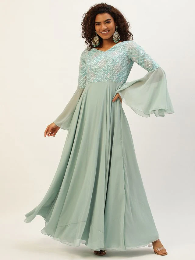 Bollywood Vogue Ready To Wear Multicolored Bell Sleeves Embroidered Gown