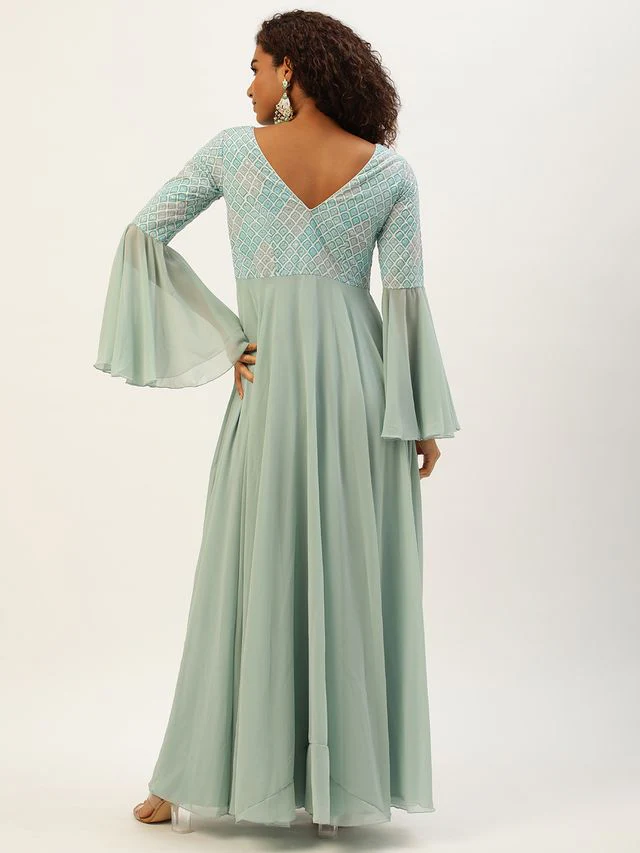 Bollywood Vogue Ready To Wear Multicolored Bell Sleeves Embroidered Gown - Image 6