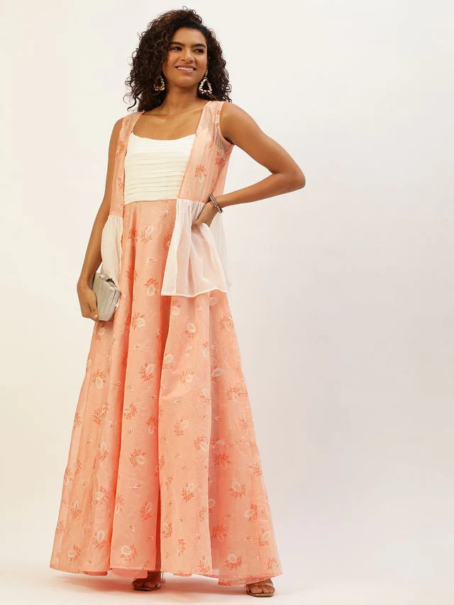 Bollywood Vogue Ready To Wear Off White N Peach Foil Printed Gown - Image 3