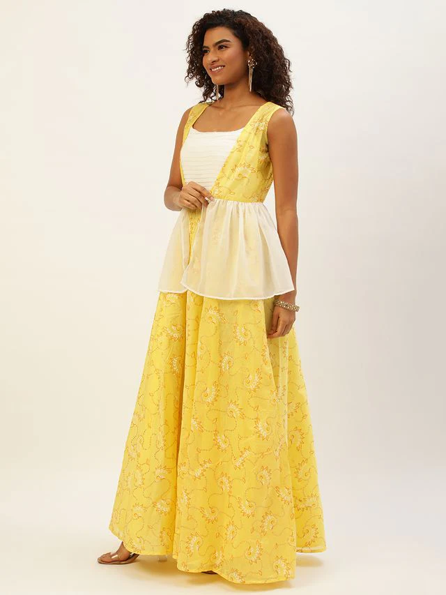 Bollywood Vogue Ready To Wear Off White N Yellow Foil Printed Gown - Image 3