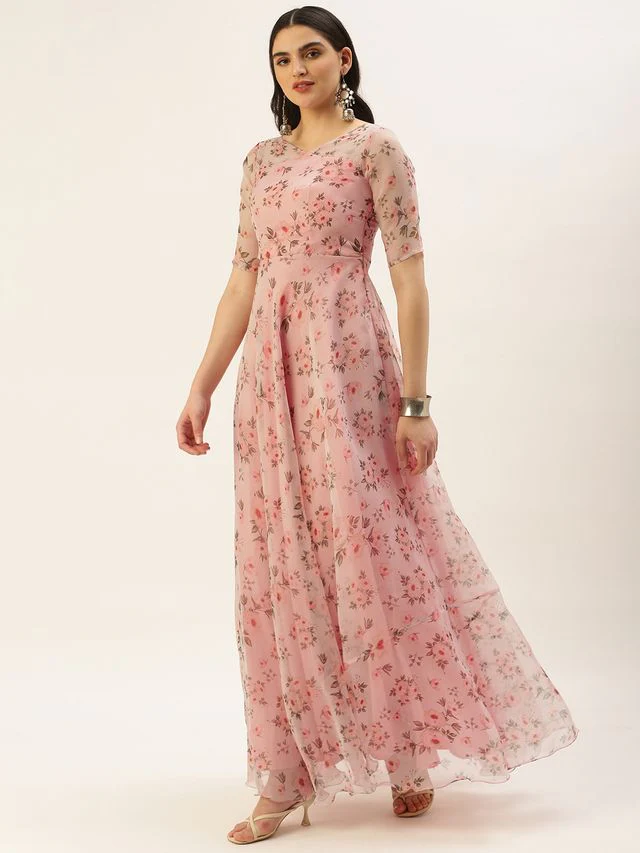 Bollywood Vogue Ready To Wear Pink Digital Print Organza Gown - Image 3