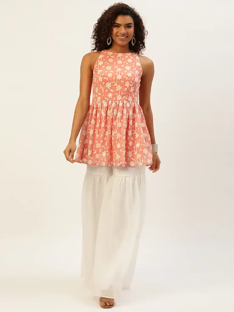 Bollywood Vogue Ready To Wear Peach Embroidered Georgette Gharara Suit