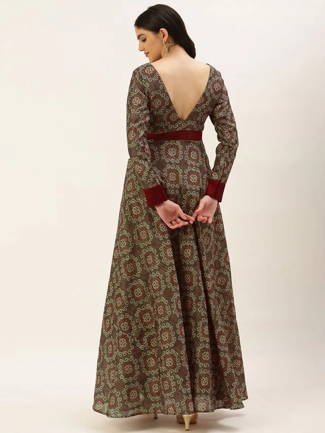 Bollywood Vogue Ready To Wear Grey Digital Print Art Silk Gown - Image 7