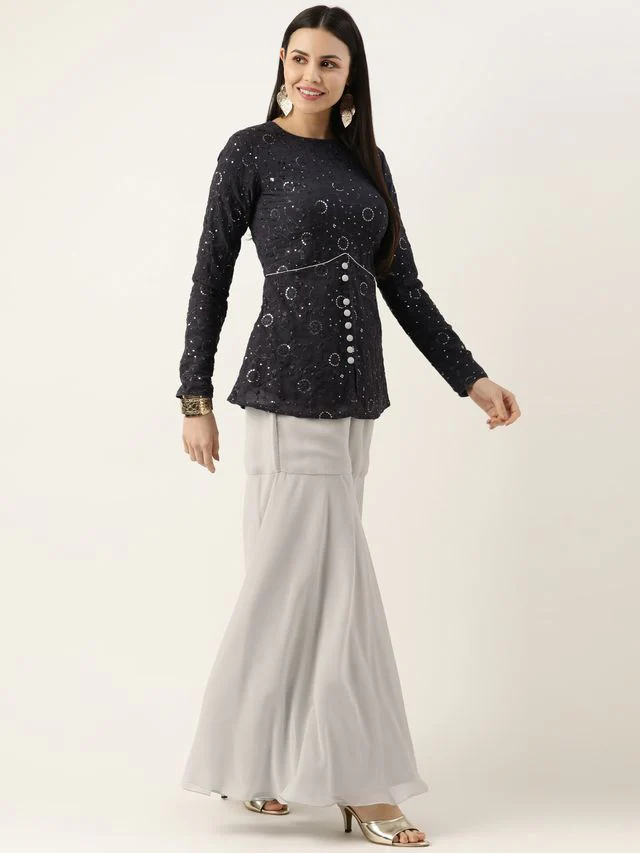 Bollywood Vogue Ready To Wear Silver N Dark Grey Georgette Sequins Embroidered Gharara Set - Image 3