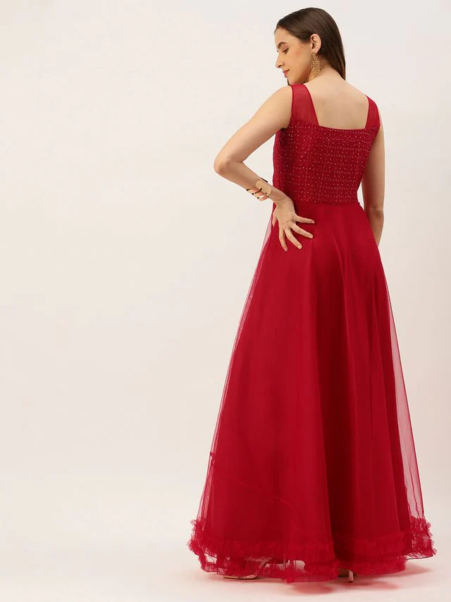 Bollywood Vogue Ready To Wear Dark Red Georgette Sequins Embroidered Gown - Image 7