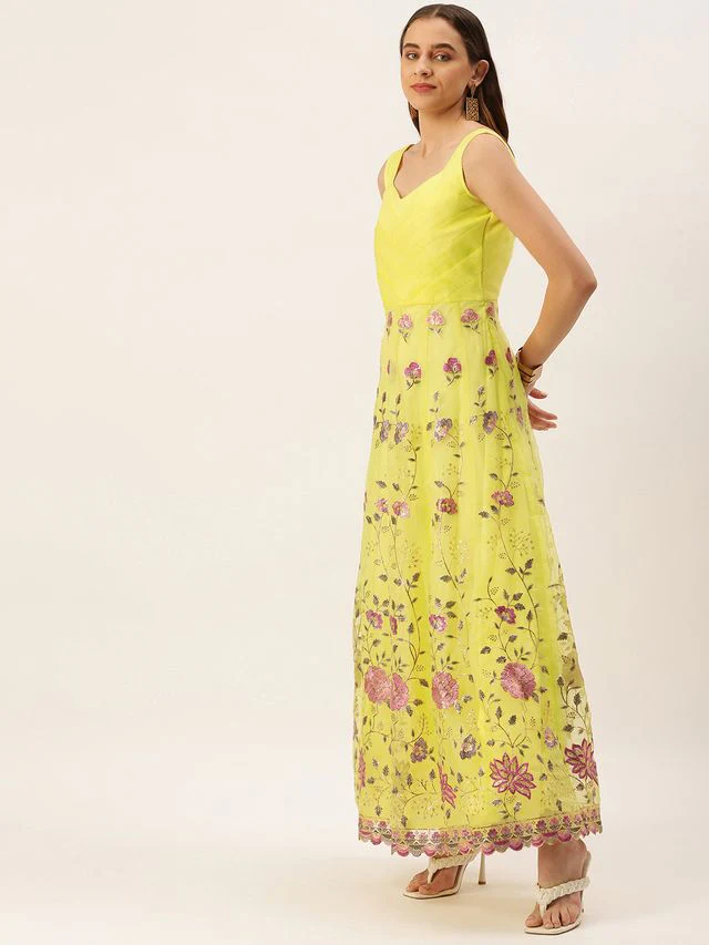 Bollywood Vogue Ready To Wear Yellow Organza Embroidered Gown - Image 2