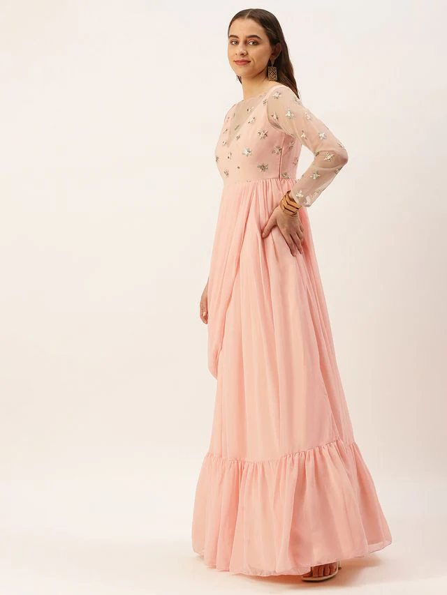 Bollywood Vogue Ready To Wear White Net Embroidered Peach Georgette Gown - Image 2