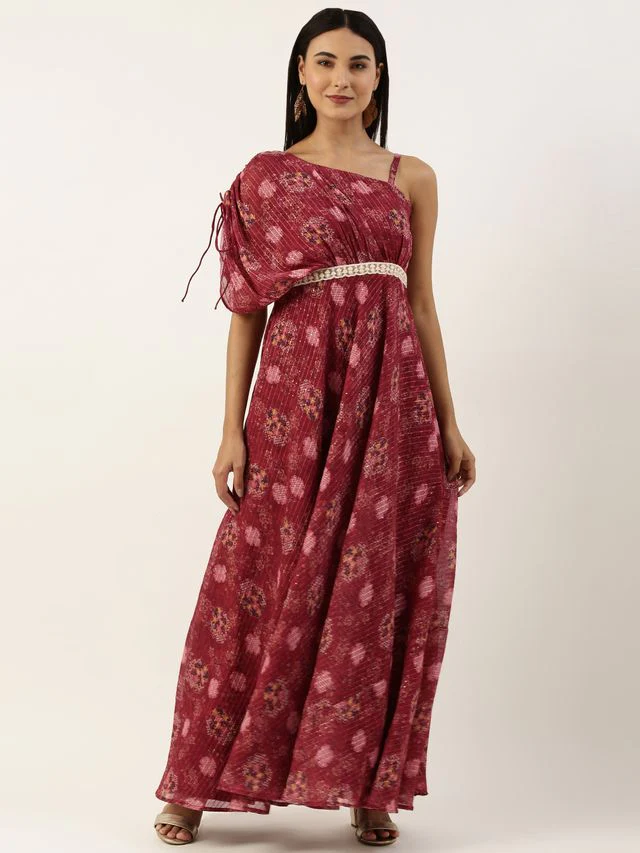 Bollywood Vogue Ready To Wear Wine Georgette One Shoulder Style Gown