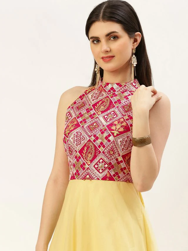 Bollywood Vogue Ready To Wear Dark Pink Embroidered Georgette N Yellow Net Dress - Image 4