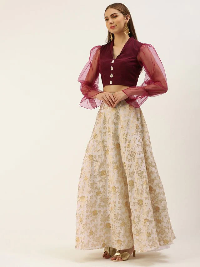 Bollywood Vogue Ready To Wear White Jacquard N Wine Art Silk Skirt Set - Image 4