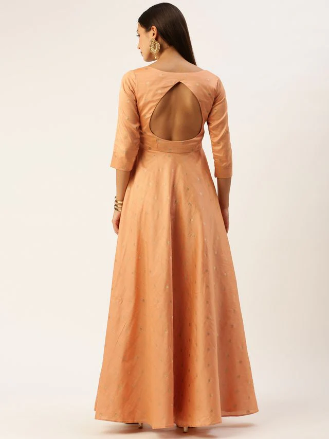 Bollywood Vogue Ready To Wear Peach Art Silk Jacquard Pleated Yoke Gown - Image 6