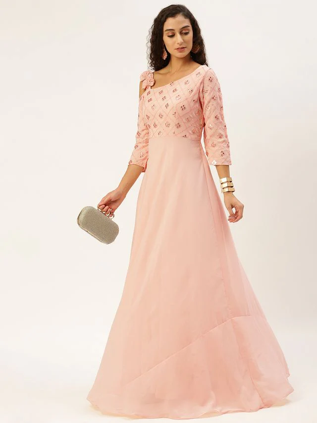 Bollywood Vogue Ready To Wear Peach Georgette Sequins One Shoulder Style Gown - Image 3