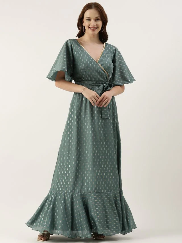 Bollywood Vogue Ready To Wear Green Chinon Foil Printed Gown