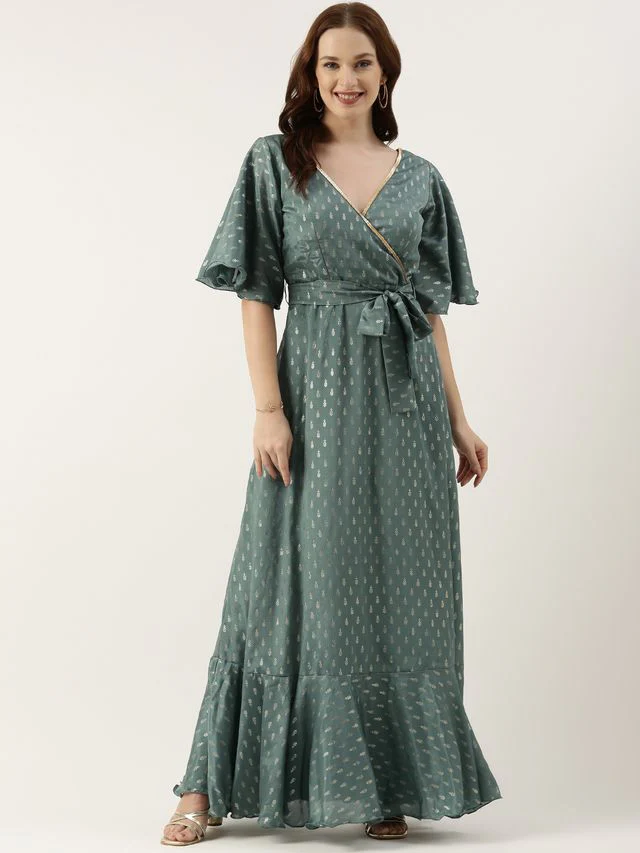 Bollywood Vogue Ready To Wear Green Chinon Foil Printed Gown - Image 3