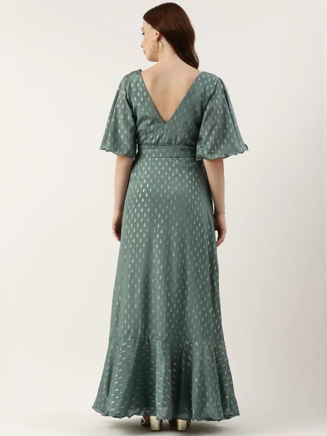 Bollywood Vogue Ready To Wear Green Chinon Foil Printed Gown - Image 6