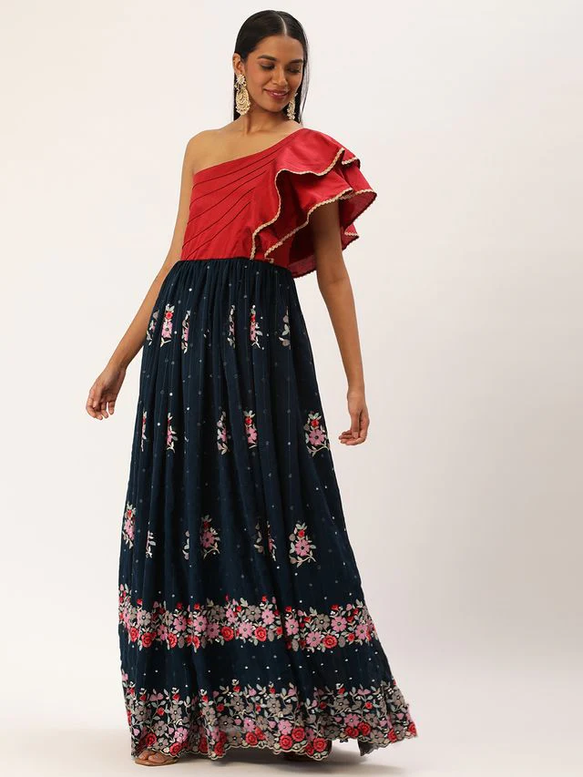 Bollywood Vogue Ready To Wear Maroon N Blue Sequins Georgette Gown - Image 2