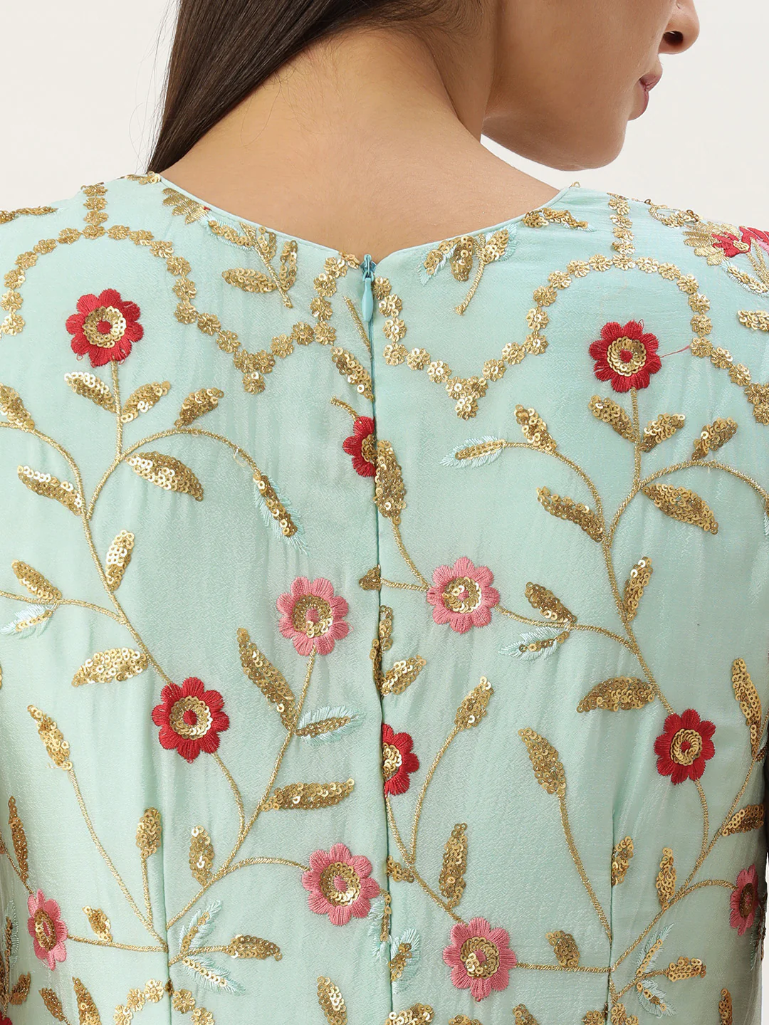 Bollywood Vogue Ready To Wear Blue Chinon N Pink Georgette Gown - Image 5