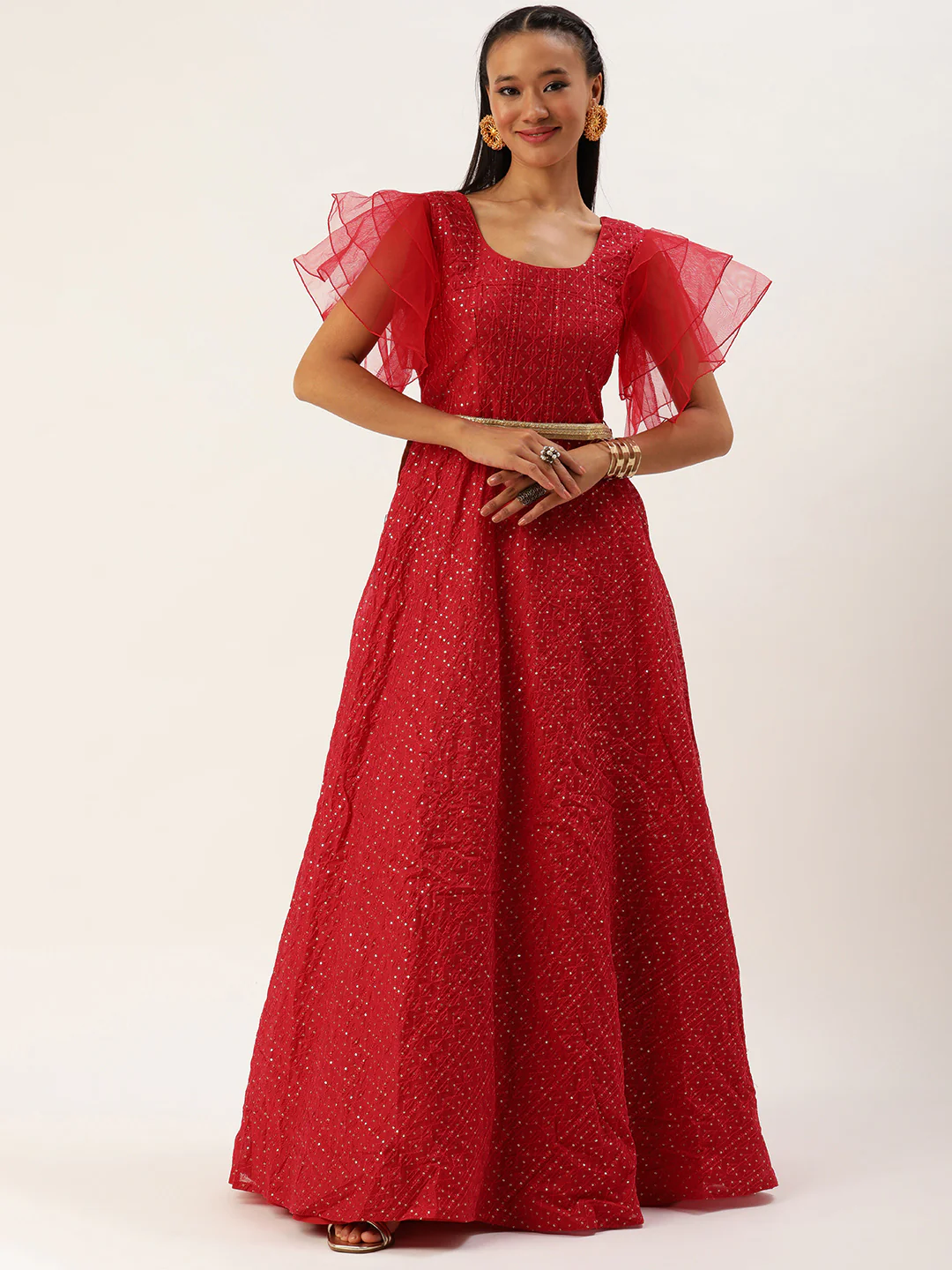 Bollywood Vogue Ready To Wear Dark Red Sequins Embroidered Gown