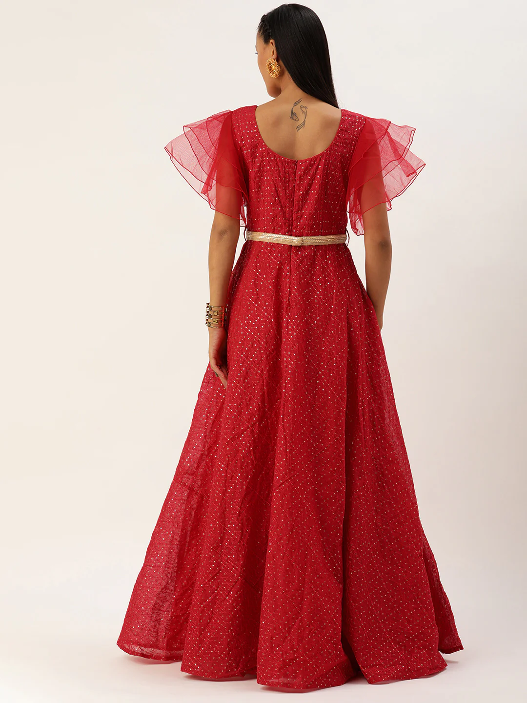 Bollywood Vogue Ready To Wear Dark Red Sequins Embroidered Gown - Image 3
