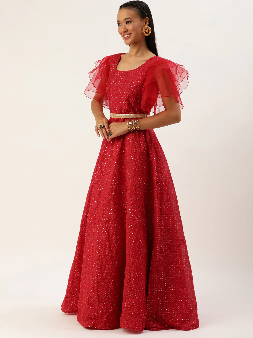 Bollywood Vogue Ready To Wear Dark Red Sequins Embroidered Gown - Image 4