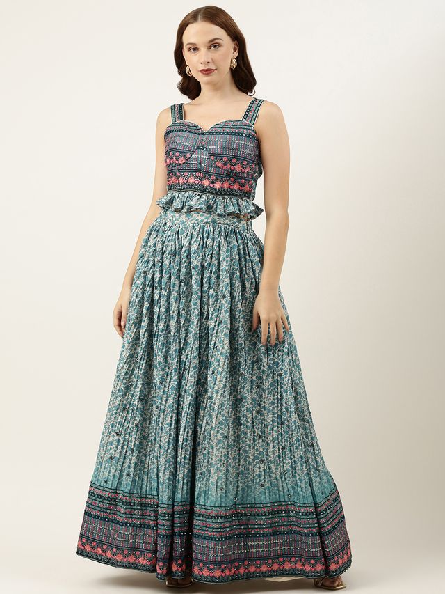 Bollywood Vogue Ready To Wear Cream and Blue Printed N Embroidered Skirt Set - Image 2