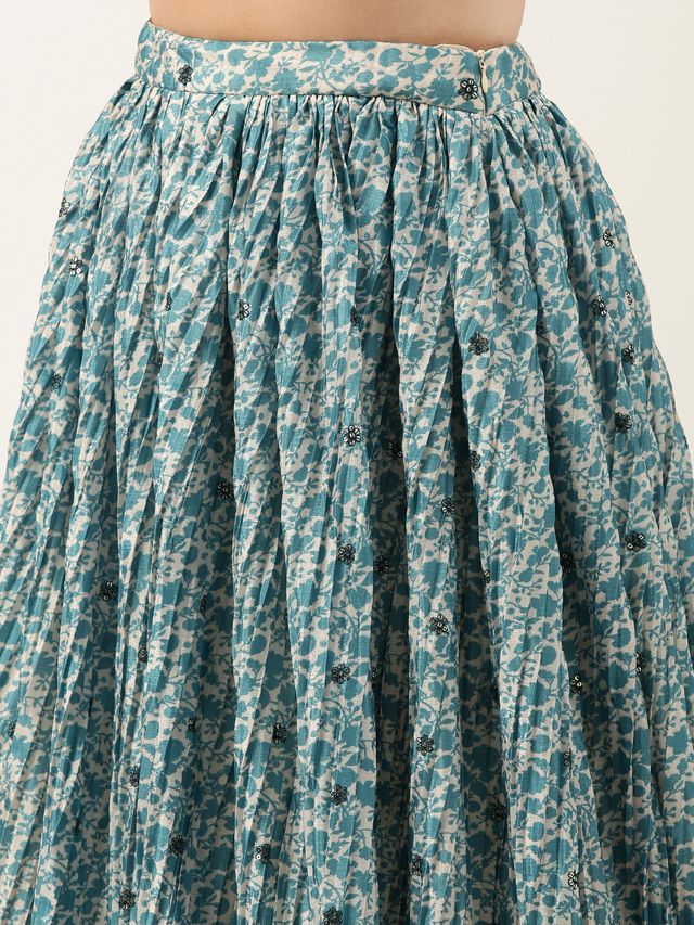 Bollywood Vogue Ready To Wear Cream and Blue Printed N Embroidered Skirt Set - Image 4