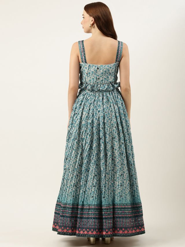 Bollywood Vogue Ready To Wear Cream and Blue Printed N Embroidered Skirt Set - Image 7