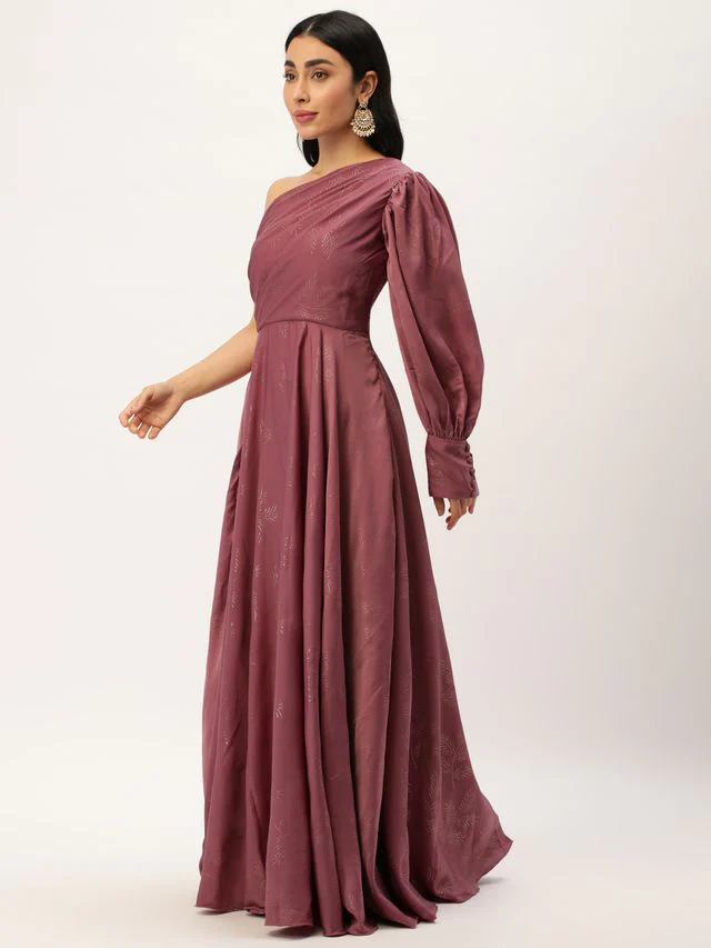 Bollywood Vogue Ready To Wear Mauve Satin Blend Foil Printed Gown - Image 2