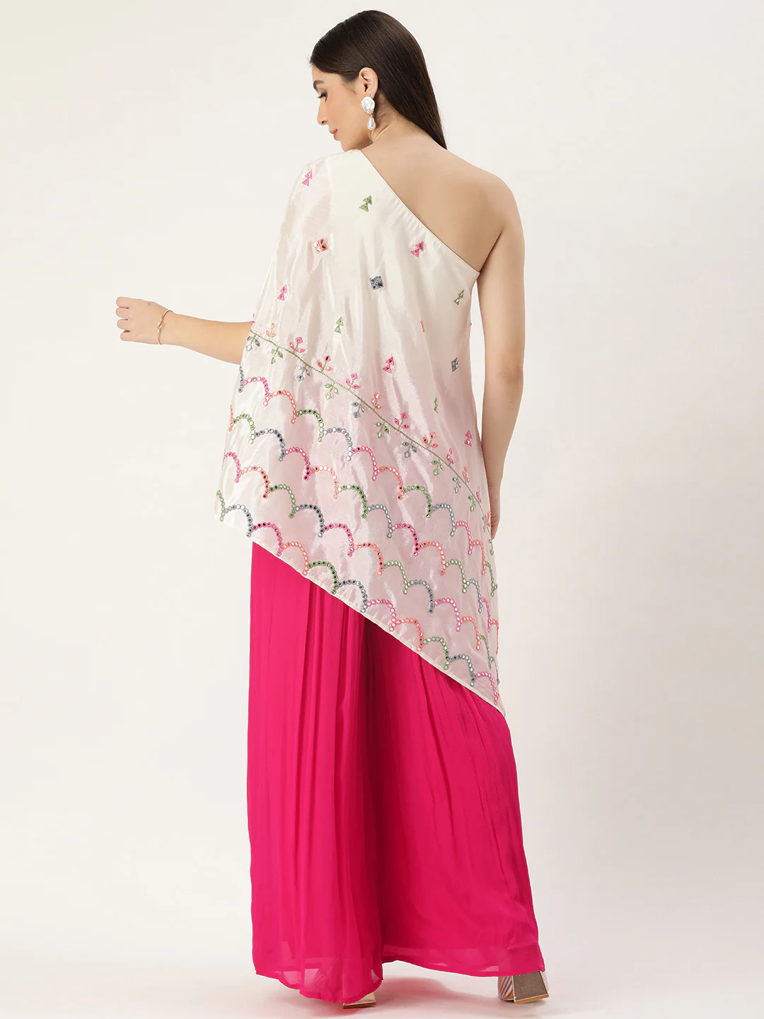 Bollywood Vogue Ready To Wear Cream N Pink Chinon Embroidered Top N Palazzo Set - Image 6