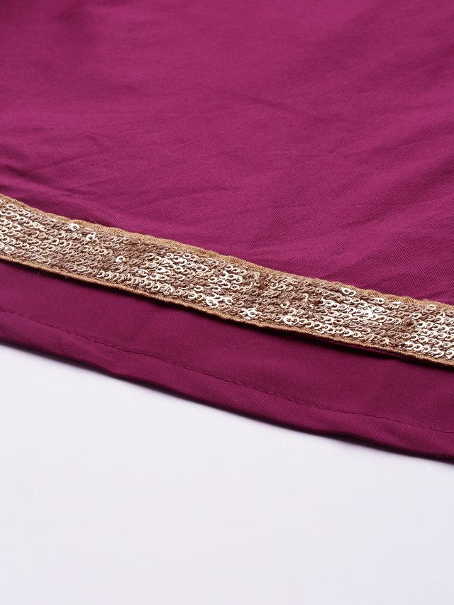Bollywood Vogue Ready To Wear Magenta Embroidered Velvet Blouse N Silk Skirt Set - Image 3
