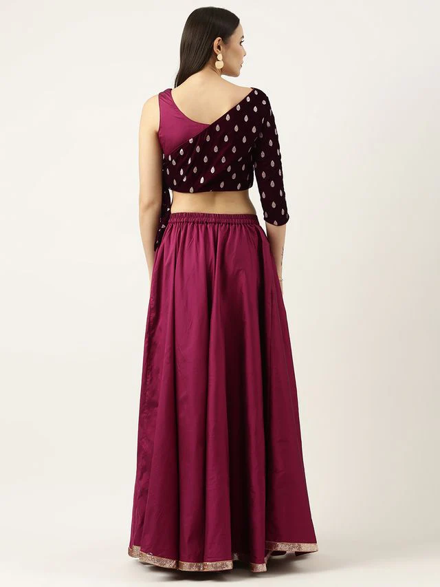 Bollywood Vogue Ready To Wear Magenta Embroidered Velvet Blouse N Silk Skirt Set - Image 7