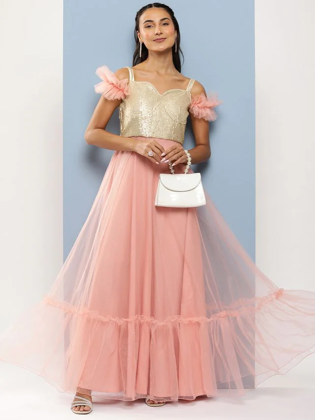 Bollywood Vogue Ready To Wear Silver Embroidered N Pink Corset Style Gown - Image 5