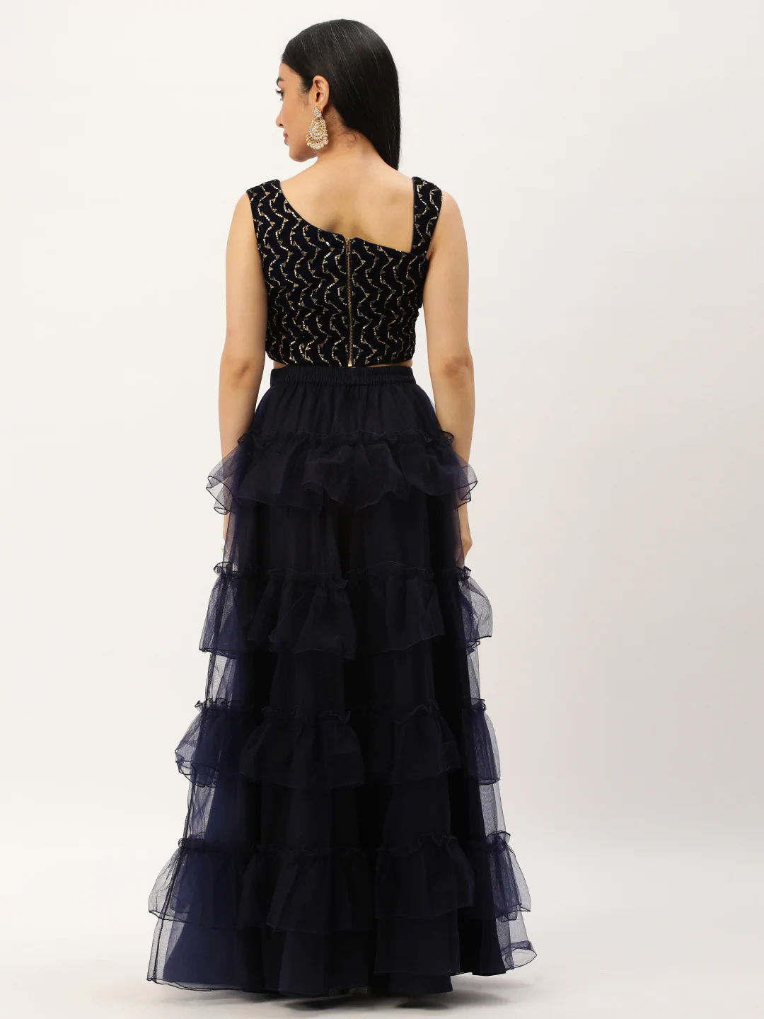 Bollywood Vogue Ready To Wear Blue Velvet Embroidered Crop Top N Blue Skirt Set - Image 3