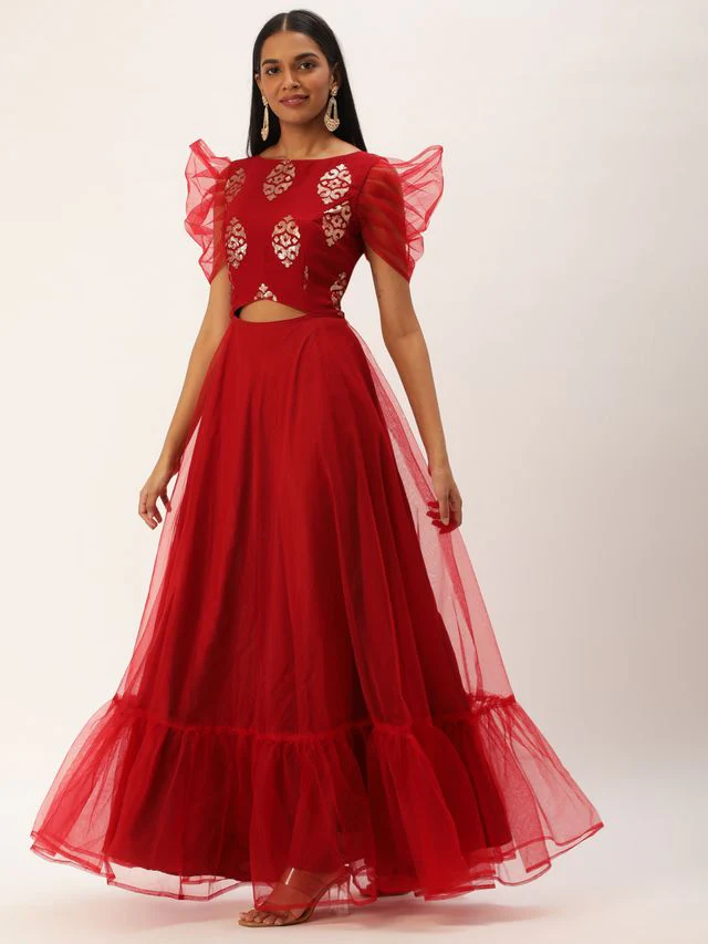 Bollywood Vogue Ready To Wear Maroon Georgette Embroidered Boat Neck Gown - Image 2