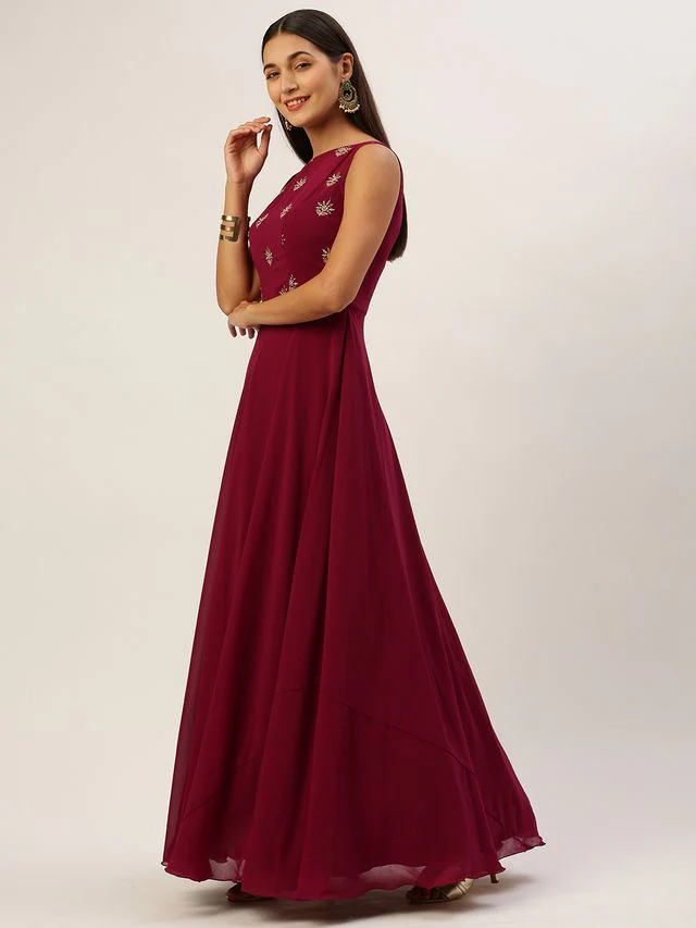 Bollywood Vogue Ready To Wear Magenta Georgette Embroidered Boat Neck Gown - Image 2