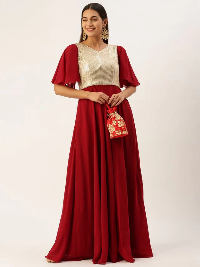 Bollywood Vogue Ready To Wear Maroon N Silver Sequins Embroidered Georgette Gown - Image 3