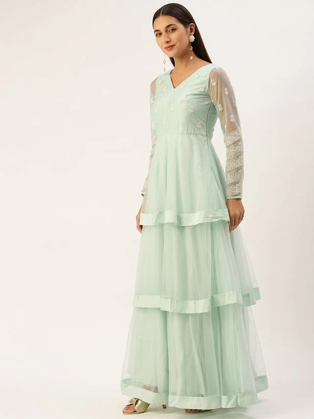 Bollywood Vogue Ready To Wear Light Sea Green Net Embroidered Gown - Image 3
