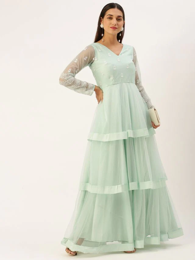 Bollywood Vogue Ready To Wear Light Sea Green Net Embroidered Gown - Image 4