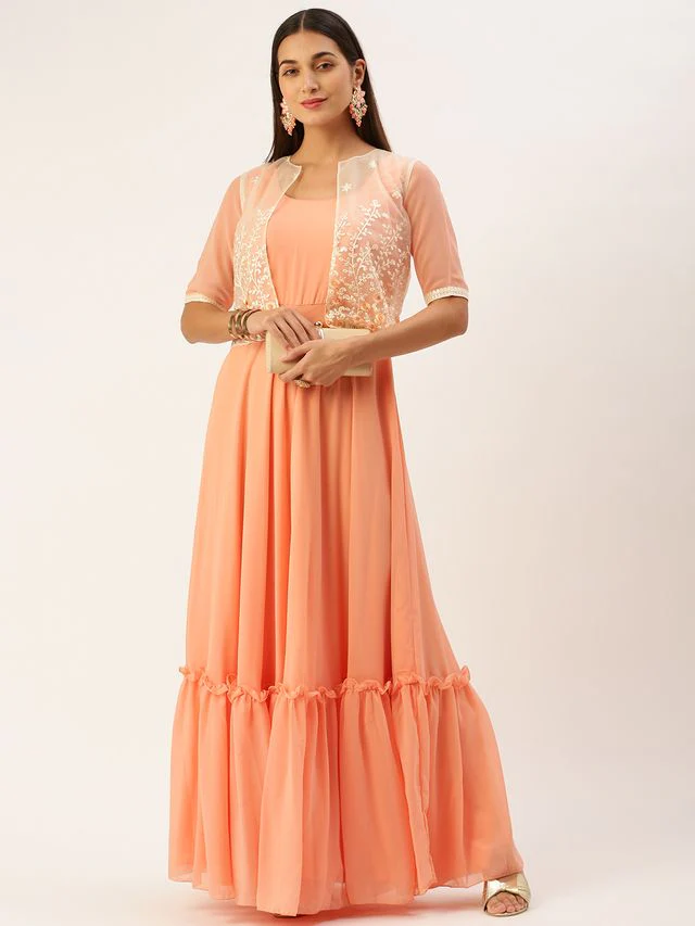 Bollywood Vogue Ready To Wear Off White Net Embroidered Jacket Style Gown - Image 4