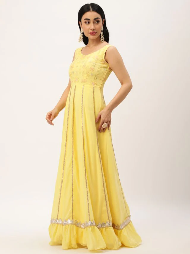 Bollywood Vogue Ready To Wear Yellow Embroidered  Georgette Kali Gown - Image 2