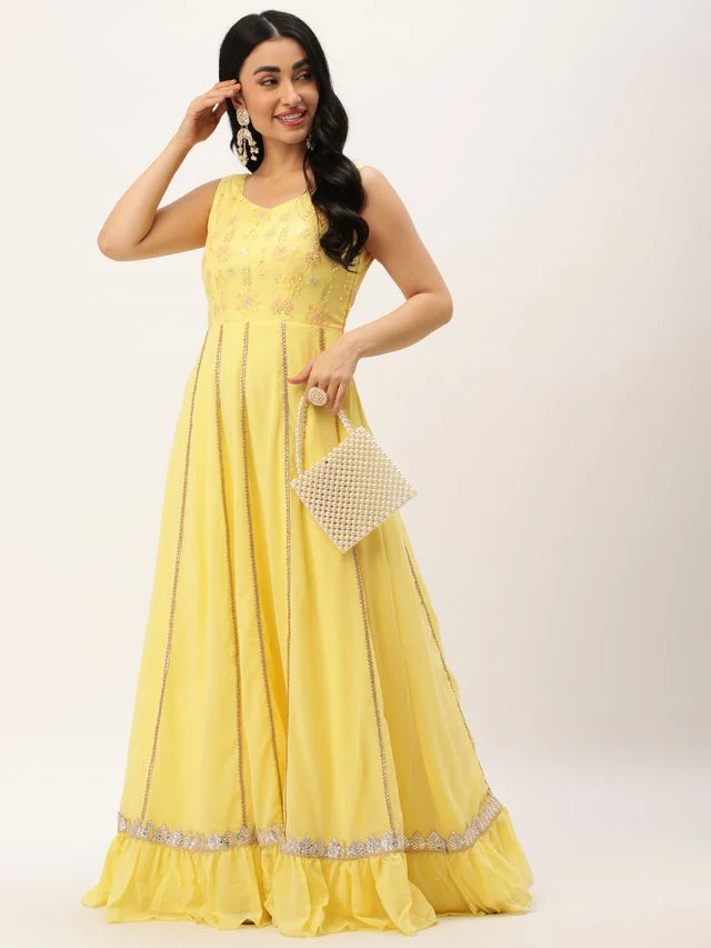 Bollywood Vogue Ready To Wear Yellow Embroidered  Georgette Kali Gown - Image 3