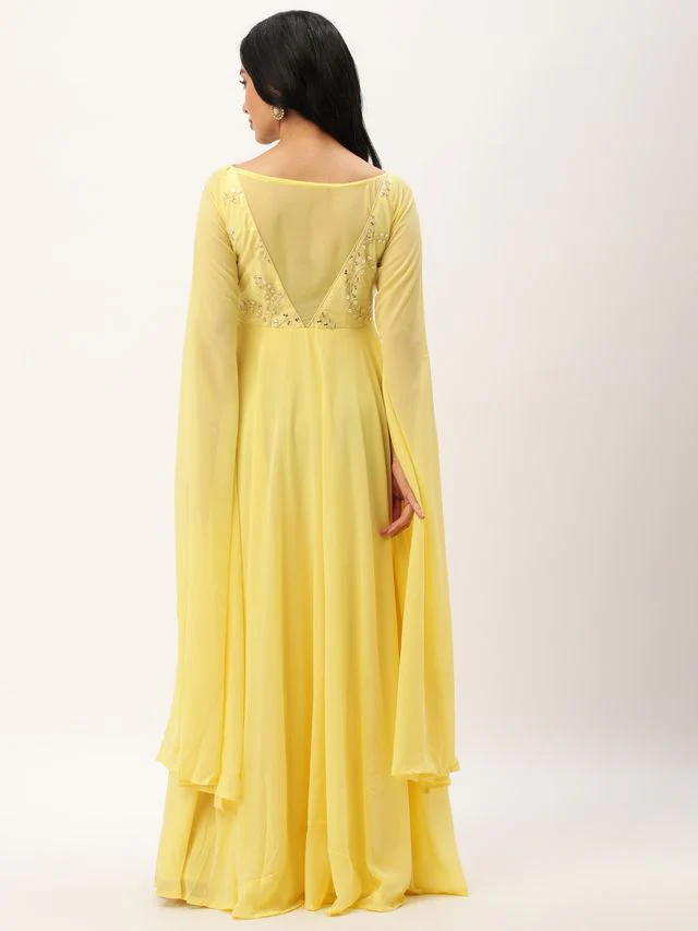 Bollywood Vogue Ready To Wear Yellow Embroidered  Georgette Kali Gown - Image 7