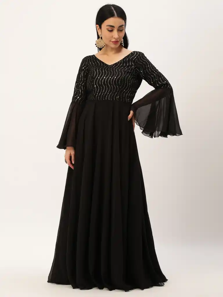 Bollywood Vogue Ready To Wear Black Bell Sleeves Embroidered Gown