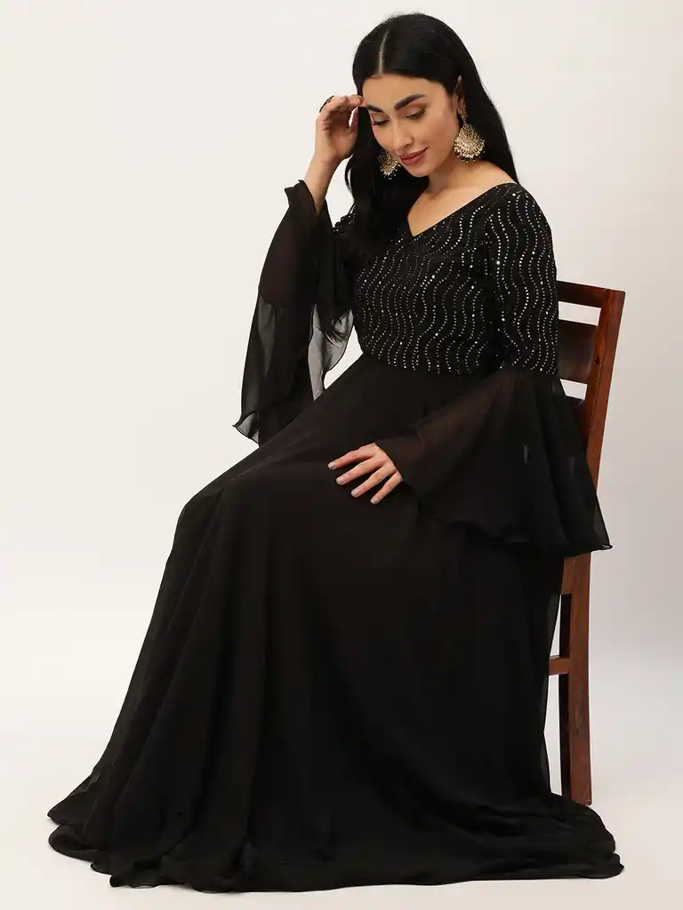 Bollywood Vogue Ready To Wear Black Bell Sleeves Embroidered Gown - Image 2