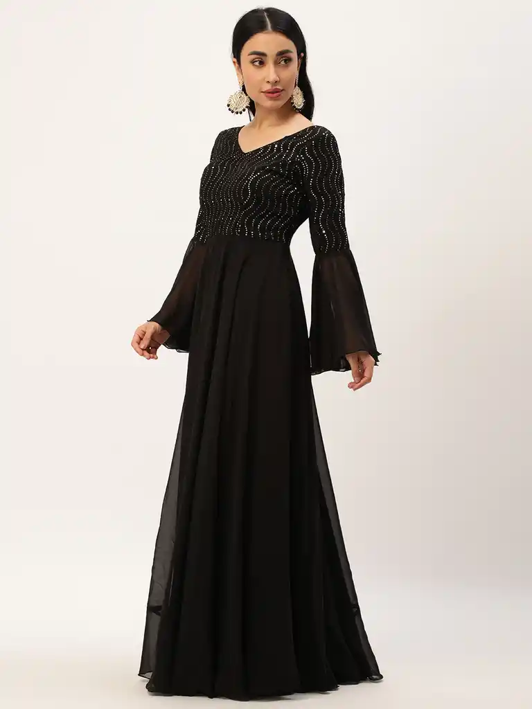 Bollywood Vogue Ready To Wear Black Bell Sleeves Embroidered Gown - Image 5